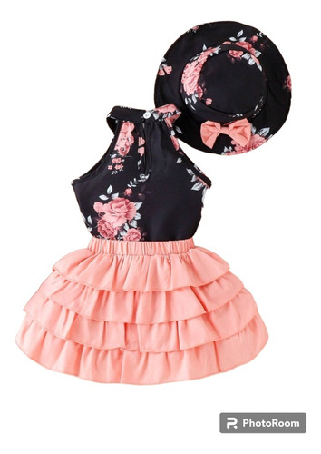 Conjunto Bebé Niña Con Estampado Floral Falda & Sombrero
