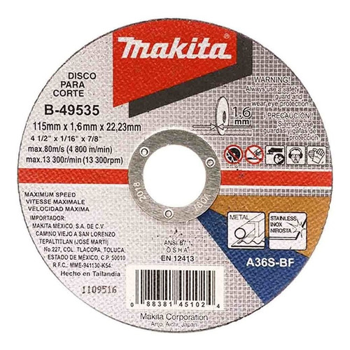 Disco Corte Metal Y Acero 4-1/2'' X 1.6 Mm B-49535 Makita
