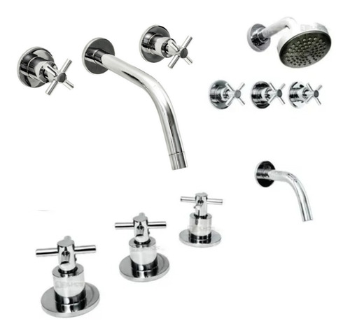 Imagen 1 de 7 de Juego Griferia Aqualaf Aymara Cruz Baño Completo Pared Cuota