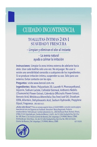 Benzal Toallitas Íntimas Cuidado Incontinencia 2 En 1 3 Pack
