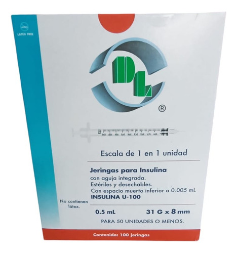 Dl Jeringas Para Insulina 0.5ml C/aguja 31x8/100 Psz Unibody 0.5 Ml