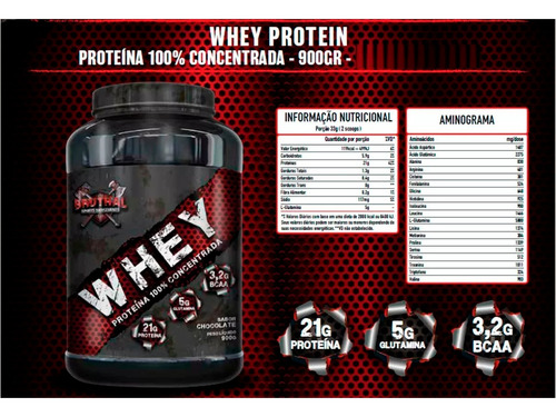Whey Protein 100% Concentrado Pure 900g - Bruthal Sports Sabor Morango