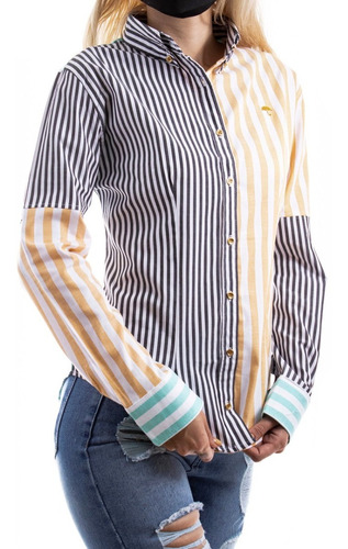 Camisa Blusa Mujer Casual Rayada Gris, Amarilla Moon & Rain