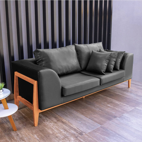 Sofa 02 Lugares Lucy 2,25m Facto Escama Preto Base Madeira