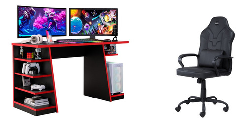 Mesa Escrivaninha Gamer Star + Cadeira Couro Sintético - Rm Cor Vermelho