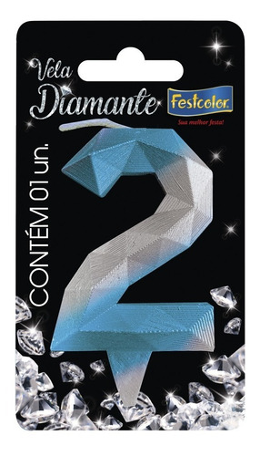 Número 2 - Vela Diamante Azul E Prateada Para Bolo E Festa