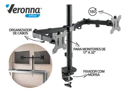 Suporte de Mesa Para TV/Monitor De 17" Até 32" Articulado Preto TSM200 Veronna