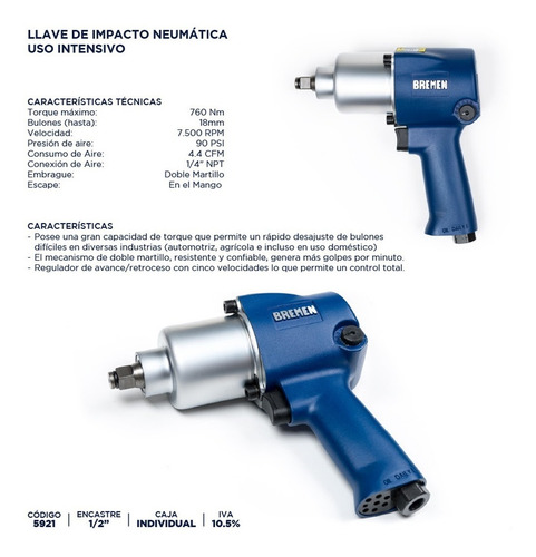 Imagen 2 de 5 de Llave Pistola Impacto Neumatica Bremen 1/2 Industrial 760nm Doble Martillo Cod. 5921 Dgm