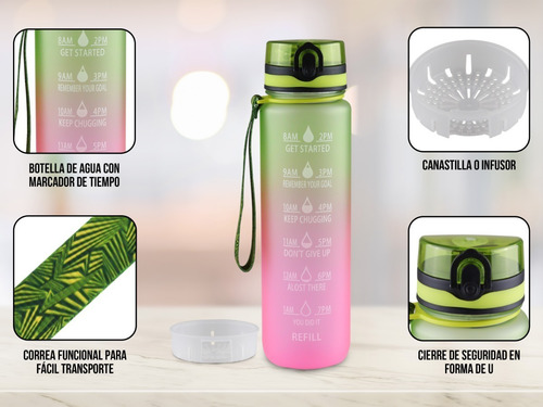 Imagen 3 de 10 de Bote Vaso De Agua Motivacional 1000 Ml Termo Cilindro Popote