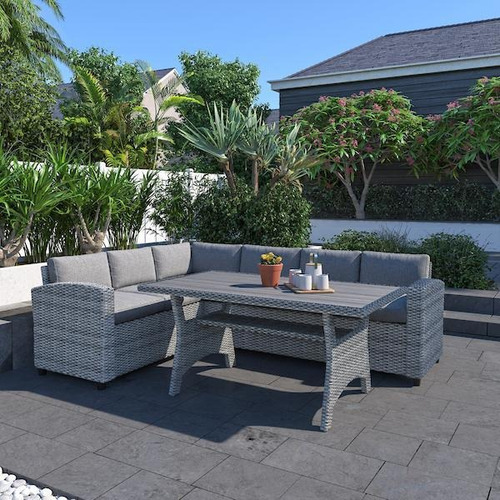 Sala de Jardin para 7 u 8 personas, Simil Rattan, Juego de Patio Exterior con Mesa y Cojines color Gris