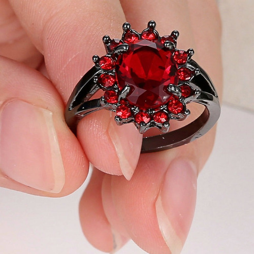 Anillo Acero Enchapado Plata Circon Piedras Rojo