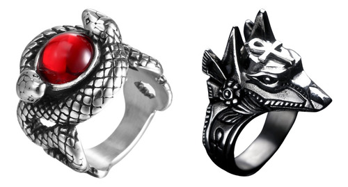 2 Anillos Guardian Egipcio Anubis Dios Serpiente Agata A237