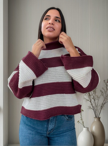 Poleron Invierno Lana Frizz Casual Buzo Rayado Sweater