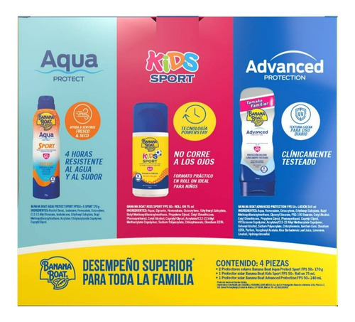 Protector Solar Banana Boat Kit 4 Pzas 50 Fps Aqua Protect