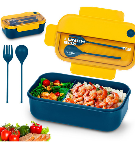 Lonchera Portátil Bento Box con Divisiones, Cuchara y Tenedor. Capacidad 1100 ml (21x12x8 cm). ¡Comodidad y Orden en Cada Comida! (Amarillo con Azul)