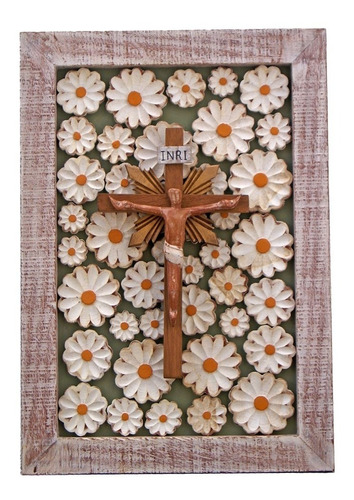 Quadro Jesus Cristo Flores Madeira Crucifixo Artesanal (s)