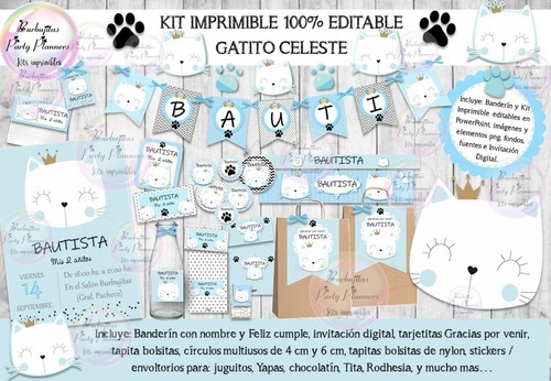 Kit Imprimible Candy Bar Gato Gatito Celeste 100% Editable