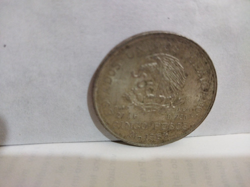 Moneda 5 Pesos Plata Ley .720 1953 Hidalgo Grande