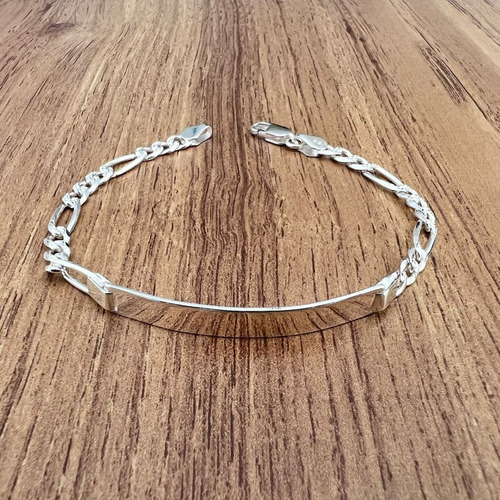 Imagen 4 de 10 de Esclava Pulsera Figaro Plata 925 Placa Lisa Hombre Agálea