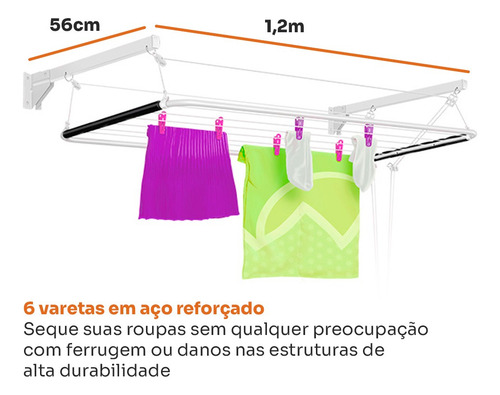 Varal De Parede Teto Reforçado Aço Solution 120cm