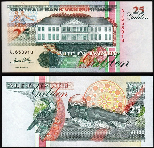 Linda Cédula Do Suriname - 25 Gulden 1996 Flor De Estampa