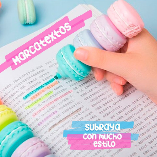 Imagen 4 de 10 de Set De 6 Mini Marcatextos Colores Pastel Forma De Macarron