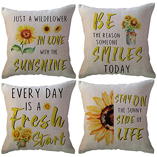 Fundas De Almohada Girasoles Acuarela, Juego De 4, Deco...