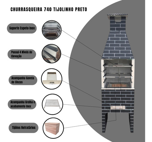 Churrasqueira Pré Moldada 740 Tijolinho Preto Inox