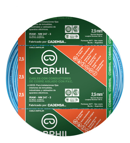 Cable Unipolar Normalizado Cobrhil 2.5 Mm Rollo 50 Mts