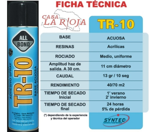 Pegamento/ Adhesivo En Aerosol Base Acuosa Tr-10 No Mancha