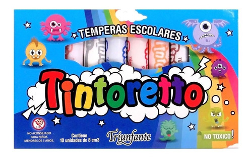 Imagen 2 de 2 de Tempera Escolar Tintoretto X 10 Pomos Surtid Pack X 8 Cajas
