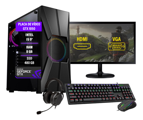 Pc Gamer Completo I5 9400 8gb Ssd 480gb Gtx1050 Monitor