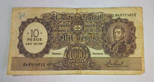 Billete 1000 Pesos M. N. Argentina  Resellado Vf Ley 18188