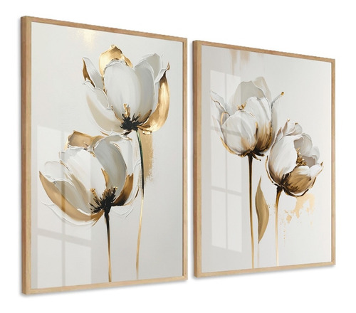 Quadros Decorativos Flores Douradas Tulipas Luxo Com Vidro
