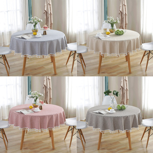 Mantel Redondo A Rayas Con Borla, Mantel De Comedor