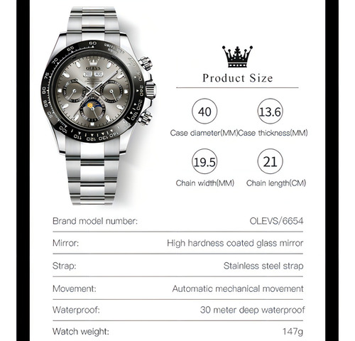 Reloj Automático Olevs 6654 Moon Phase Chronograph Color del fondo Gris