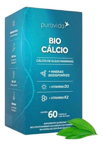 Suplemento en cápsulas Pura Vida Premium Bio con minerales y vitaminas de calcio en una botella de 120 g y 60 unidades
