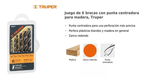 Juego de 6 brocas con punta centradora para madera Truper