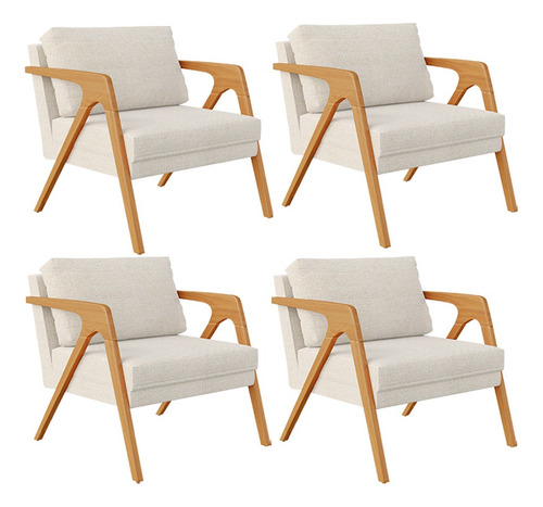 Kit 4 Poltronas Decorativa Sala Estar Pietra Linho Champanhe Desenho Do Tecido Liso