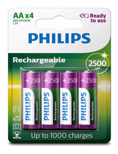 Imagem 2 de 5 de 4 Pilhas Aa Philips 2500 Recar Mais 4 Pilhas Aaa 1000 Palito