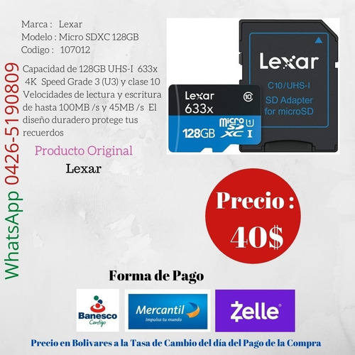 Lexar Memoria Micro Sd 128gb 100mb/s Go Pro. 107012