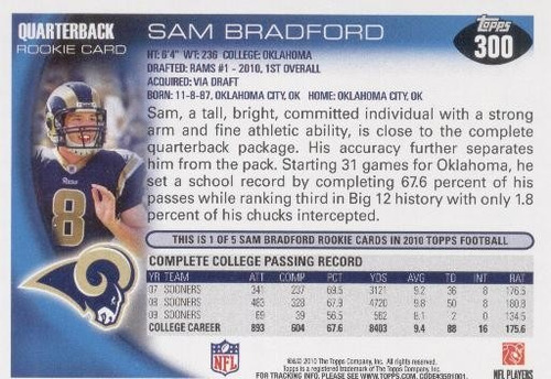 2010 Topps Sam Bradford Rookie Rams Qb (Usado)