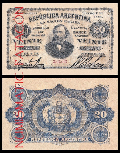 Billete 20 Centavos Bco Nacional 1884 Fraccionario Copia P3a