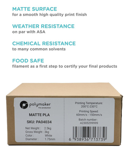 Polymaker Matte Pla Para La Producción 2.5 Kg 1.75 Mm De Bla