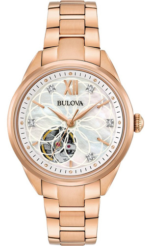 Bulova Diamond Open Heart Automático Envió Gratis 97p121 Color de la correa Rosa claro Color del bisel Rosa claro Color del fondo Blanco