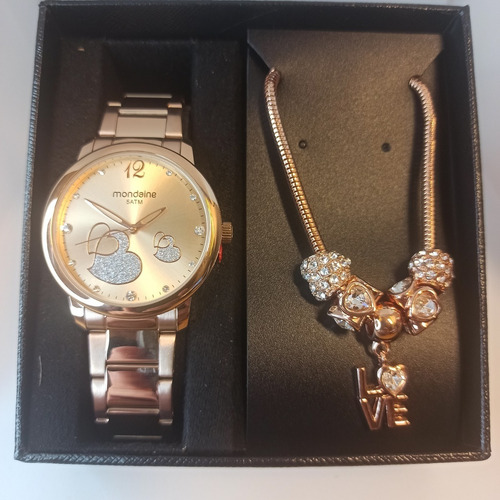 Imagem 3 de 7 de Relógio Mondaine Feminino Rose + Semijoia Pulseira Berloque