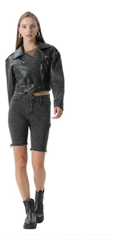Campera Oreiro Love Biker Simil Cuero Entallada C/ Bolsillos