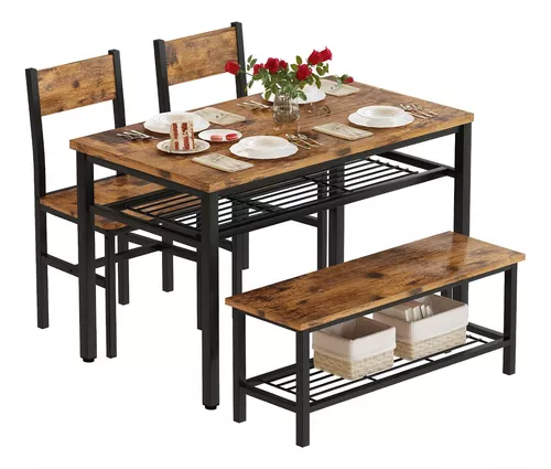 AWQM Juego de mesa de cocina con 2 bancos, juego de mesa de comedor para 4  personas con estante de almacenamiento para cocina del hogar, comedor