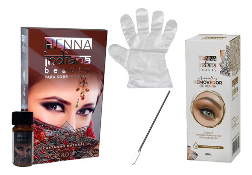 Kit Henna Sobrancelha Designer Removedor Gel Indiana Beauty Cor Castanho natural