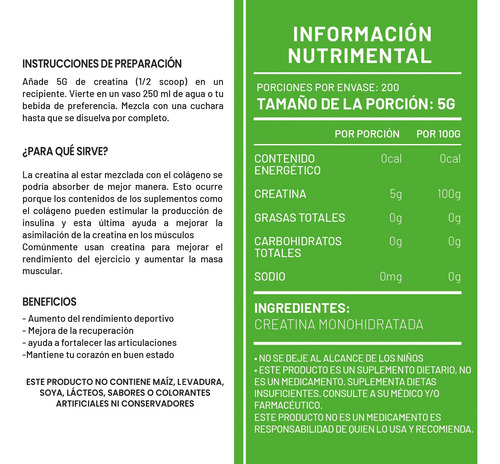 Creatina Monohidratada 1kg Green 200 Servicios Uva